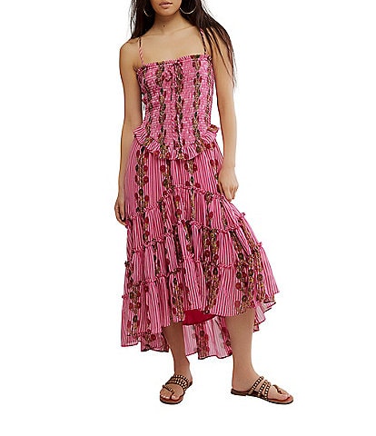 Free People Alejandra Floral Print Smocked Square Neck Tiered Midi Dress