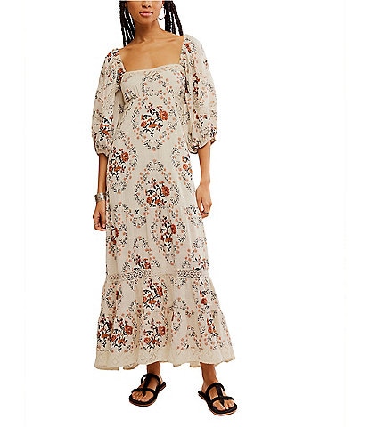 Free People All The Attitude Floral Print Square Neck 3/4 Sleeve Maxi Dress