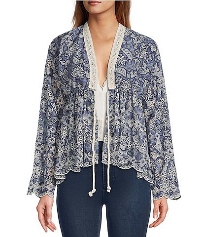 Free People Anissa Bed Floral Print Embroidered Scalloped Hem Tie Front Jacket