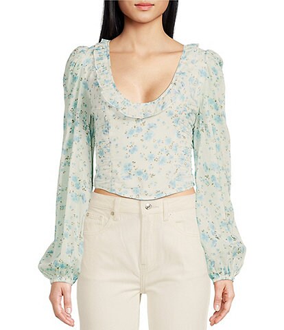 Free People Another Life Woven Floral Print Scoop Neck Long Sleeve Top