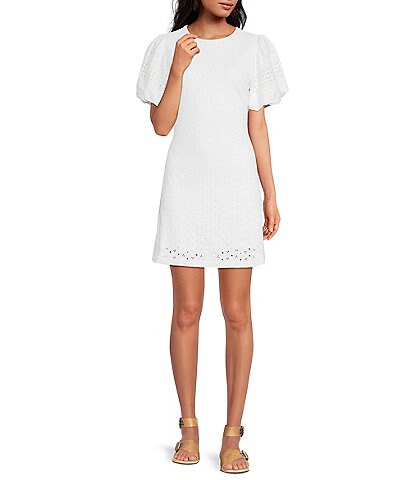 Free People Apricot Rose Eyelet Short Puff Sleeve Crew Neck Open Tiered Tie Back Detail Mini Dress