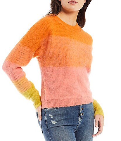 Free People Autumn Sky Ombre Color Block Crew Neck Long Sleeve Wool Blend Fuzzy Pullover Statement Sweater