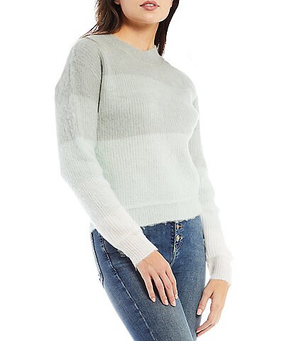 Free People Autumn Sky Ombre Color Block Crew Neck Long Sleeve Wool Blend Fuzzy Pullover Statement Sweater