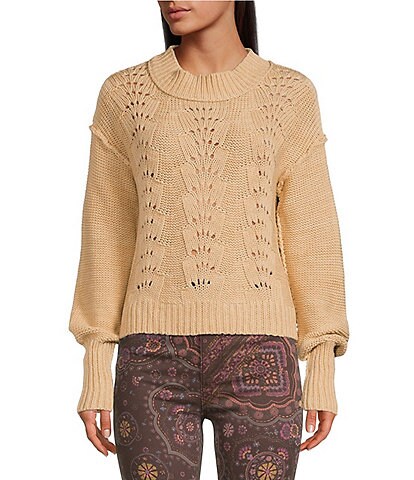 Free People Bell Song Crew Neck Long Dropped Shoulder Volume Sleeve Ribbed Knit Pullover Sweater