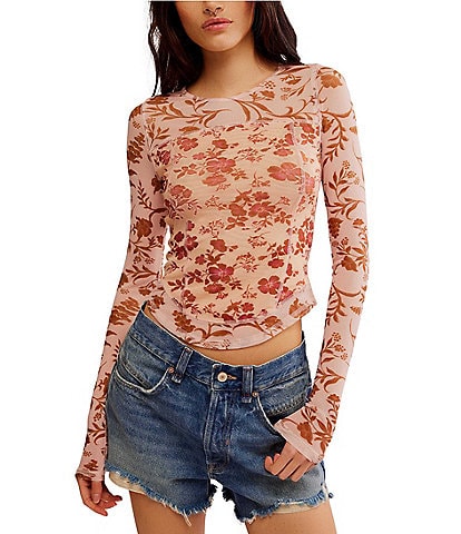 Free People Betty's Garden Floral Mesh Scoop Neck Long Sleeve Shirt