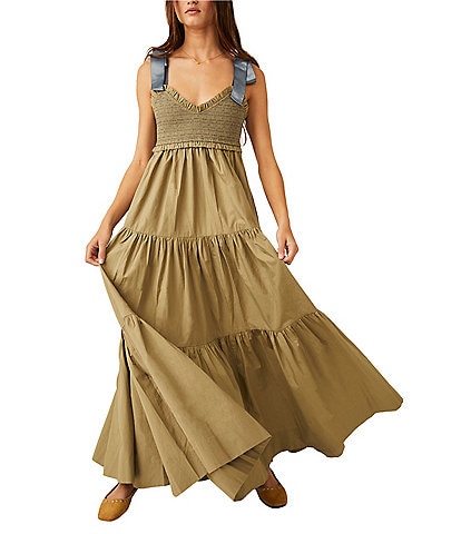 Free People Bluebell Solid V-Neck Sleeveless Tie Shoulder Maxi Dress