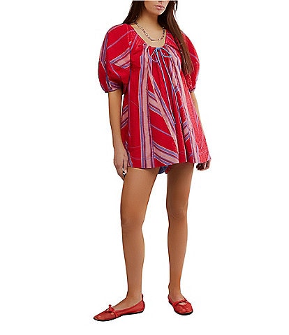 Free People Bop Around Printed Scoop Neckline Short Puff Sleeve Romper