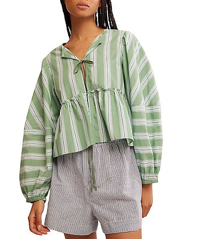 Free People Brunch Babe Stripe Print V-Neck Tie Front Long Sleeve Blouse