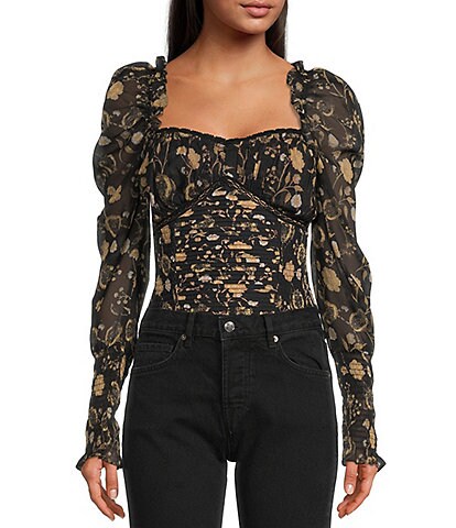 Free People Brunch Date Floral Print Lace Trim Smocked Sweetheart Neck Long Puff Sleeve Ruffle Shoulder Ruched Bodysuit