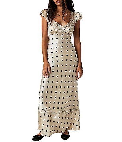 Free People Butterfly Babe Dotted Lace V-Neck Short Puff Sleeve Slip Dress