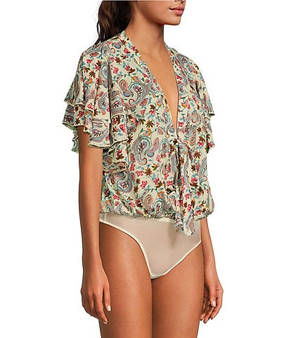 Free People Call Me Later Printed V-Neck Tiered Ruffle Short Sleeve Tie Front Bodysuit
