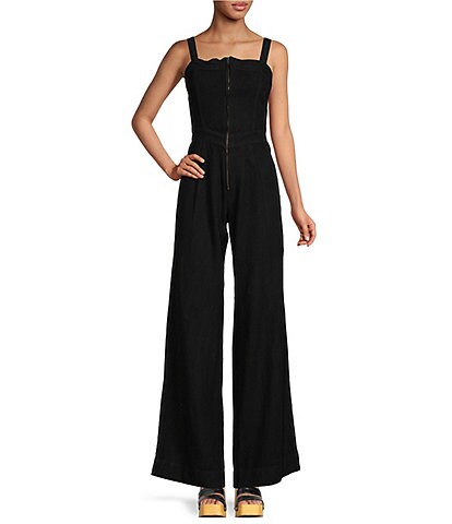 Free People Call On Me Square Neck Sleeveless Wide Leg Zipper Front Jumpsuit