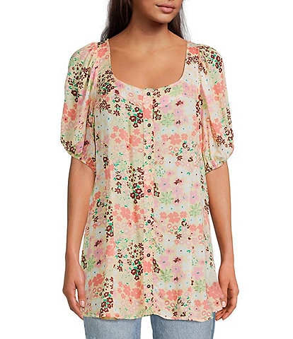 Free People Callie Floral Print Square Neck Short Puff Sleeve Tie Back Button Front Tunic