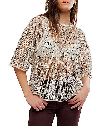Free People Calypso Sparkly Net Crew Neck Short Sleeve Tee