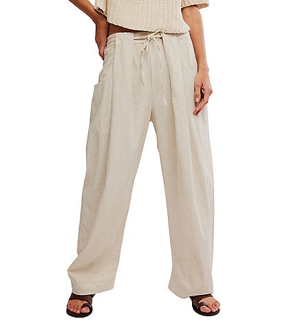 Free People Chambers Laid Back Linen Blend Mid Rise Pull-On Pants