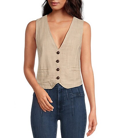 Free People Charley V-Neck Sleeveless Button Front Linen Vest