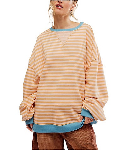 Free People Classic Striped Oversized Crew Neck Long Sleeve Sweatshirt