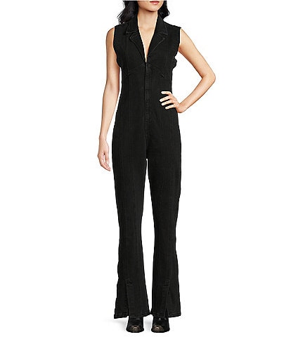 Free People CRVY Ring The Alarm Denim V-Neck Sleeveless Zip Front Flare Jumpsuit