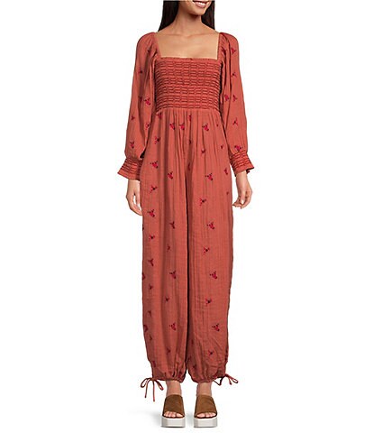 Free People Dahlia Embroidered Flower Print Square Neck Long Peasant Sleeve Jumpsuit