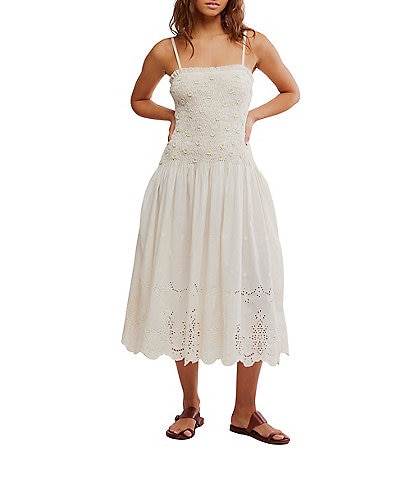 Free People Daphne Floral Applique Square Neck Sleeveless Smocked Drop Waist Midi Dress