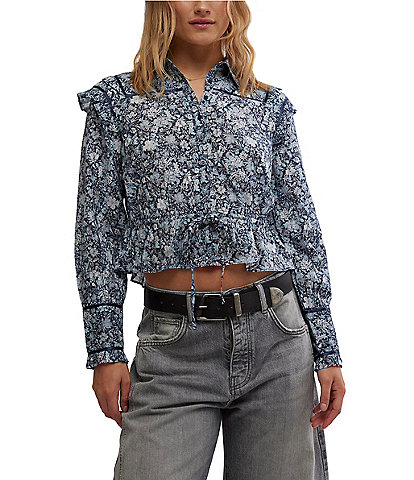 Free People Daybreak Floral Print Point Collar Neck Long Sleeve Button Front Tie Top