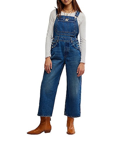 Free People Deep Trance Denim Square Neck Overalls