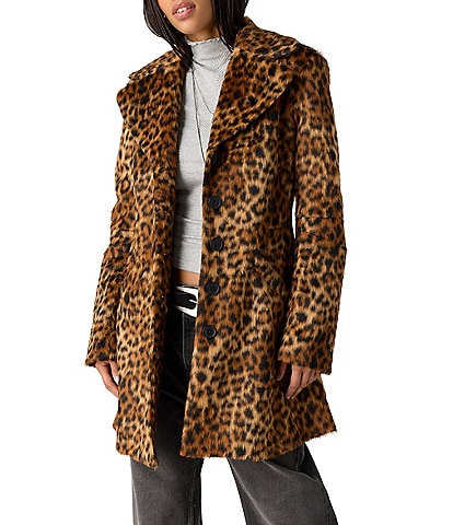 Free People Delancy Leopard Printed Collared Long Sleeve Button-Front Faux Fur Lady Coat