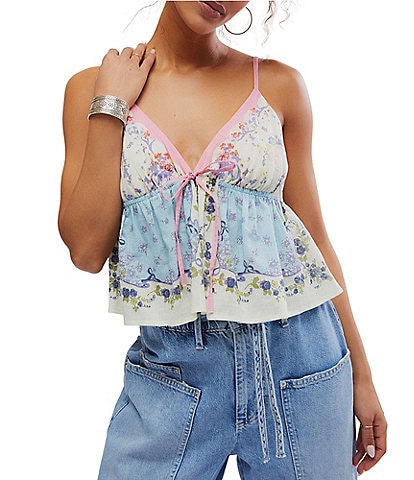 Free People Double Date Floral Print Tie Detail V-Neck Sleeveless Tank Top