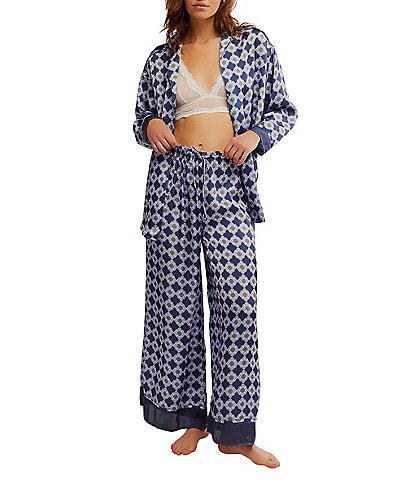 Free People Dreamy Days Allover Floral Geo Print Satin Notch Collar Long Sleeve Wide Leg Oversized Pajama Set