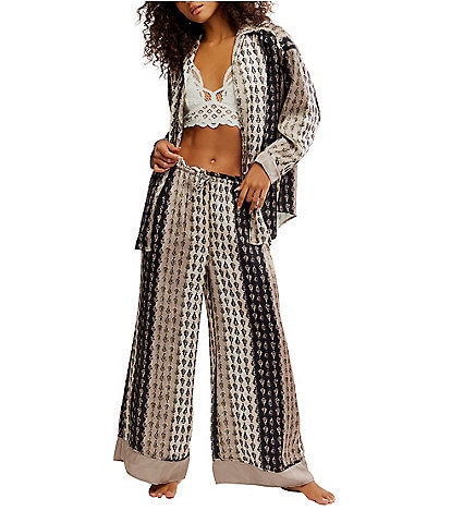 Free People Dreamy Days Allover Geo Striped Print Satin Notch Collar Long Sleeve Wide Leg Oversized Pajama Set