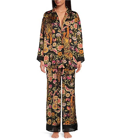 Free People Dreamy Days Allover Printed Satin Notch Collar Long Sleeve Wide Leg Oversized Pajama Set