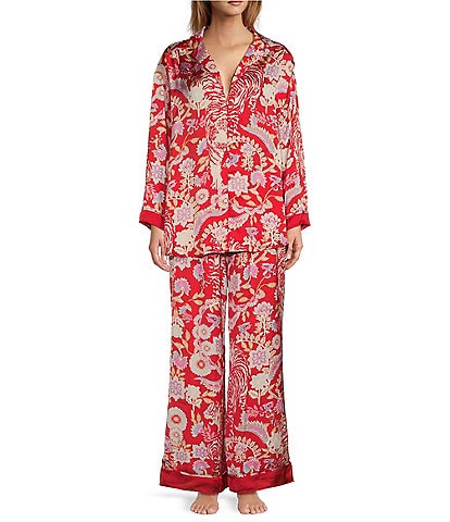 Free People Dreamy Days Allover Printed Satin Notch Collar Long Sleeve Wide Leg Oversized Pajama Set