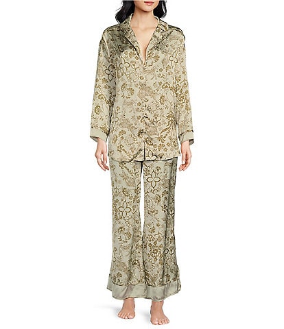 Free People Dreamy Days Floral Print Lightweight Soft Satin Notch Collar Long Sleeve Wide Leg Oversized Pajama Set