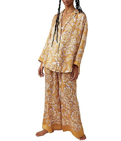 Free People Dreamy Days Golden Floral Print Lightweight Satin Oversized Pajama Set