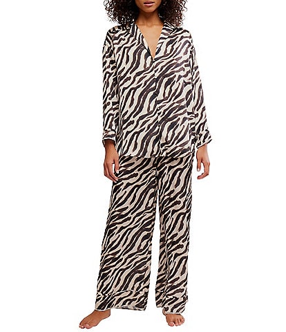 Free People Dreamy Days Zebra Print Satin Notch Collar Long Sleeve Wide Leg Oversized Pajama Set