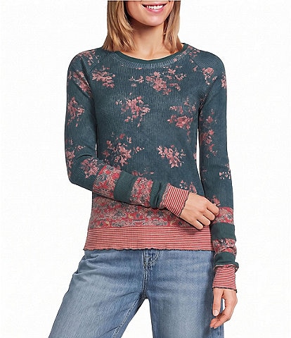Free People Easy Does It Printed Crew Neck Long Sleeve Ribbed Knit Top