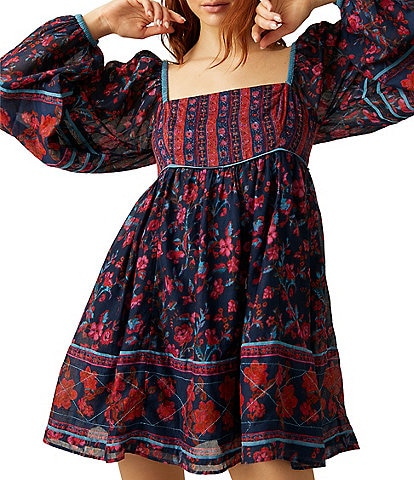 Free People Endless Afternoon Floral Print Square Neck Smocked Back Long Balloon Sleeve Empire Waist Mini Dress