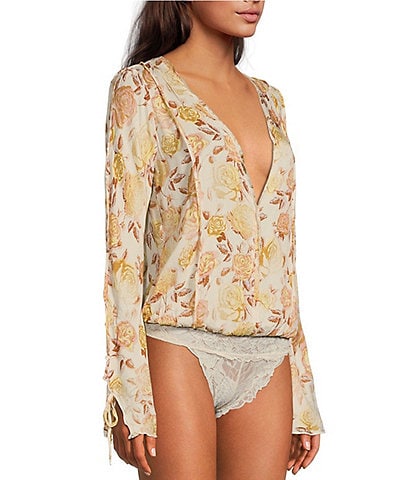 Free People Everything Floral Knit V-Neck Long Sleeve Tie Detail Bodysuit