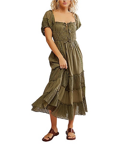 Free People Falling Sun Square Neck Short Puff Sleeve Tiered Midi Dress