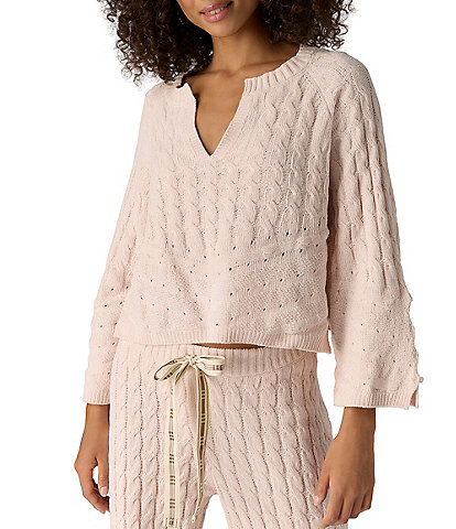 Free People Fireside Crush Bracelet Sleeve Split V-Neck Knit Lounge Coordinating Pullover