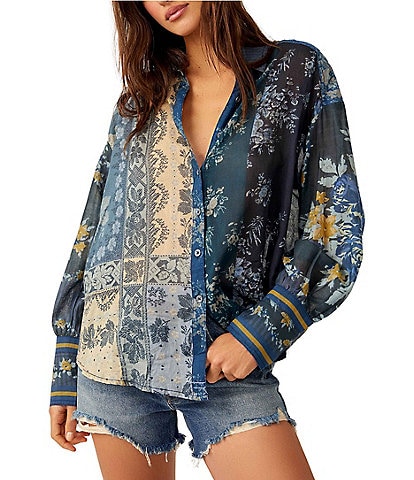 Free People Flower Patch Collared Neck Long Sleeve Top