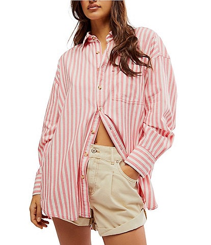 Free People Freddie Stripe Point Collar Button Front Long Sleeve Top