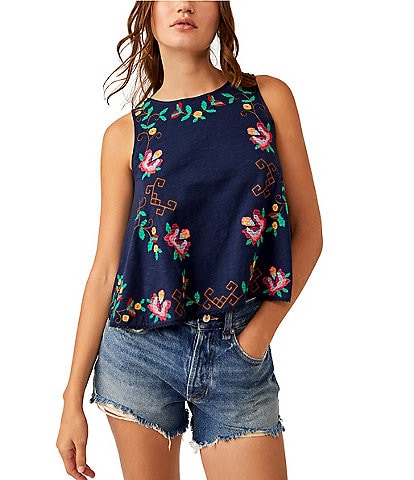 Free People Fun And Flirty Floral Embroidery Boat Neck Sleeveless Top