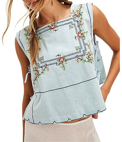 Free People Garden Wall Embroidered Square Neck Sleeveless Top