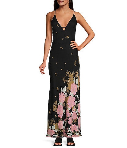 Free People Get To You Floral Placement Print Keyhole Deep V-Neck Sleeveless Strappy Back Smocked Maxi Slip Dress
