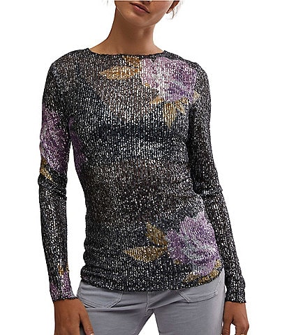 Free People Gold Rush Floral Print Sequin Crew Neck Long Sleeve Top