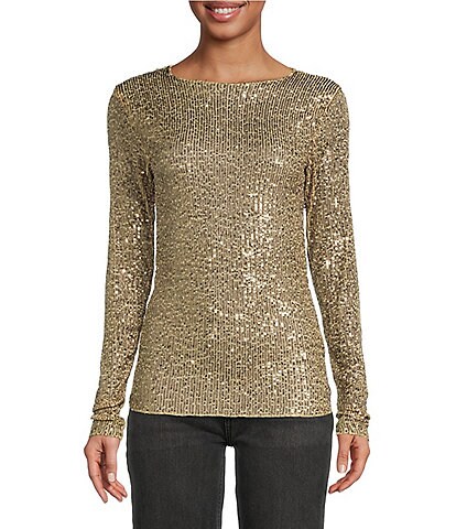 Free People Gold Rush Sequin Crew Neck Long Sleeve Slim Fit Top