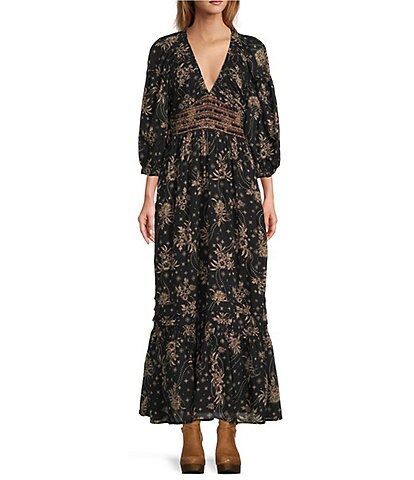 Free People Golden Hour Floral Print Plunging V-Neck 3/4 Sleeve Empire Waist Tiered Maxi Dress