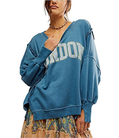Free People Graphic Camden London Crew Neck Long Sleeve Pullover Top
