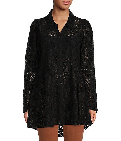Free People Heather Lace Knit Point Collar Long Sleeve Flowey High-Low Hem Button Front Tunic